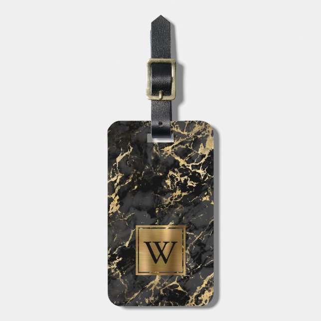 Elegant Black Gold Marble Monogram Vertical Luggage Tag (Front Vertical)