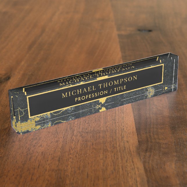 Elegant Black Gold Marble Personalised Name Nameplate (Side)
