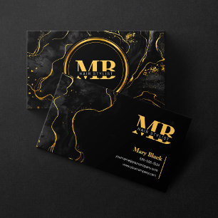 Elegant Black Gold Marble Two Initial Hair Stylist Business Card
