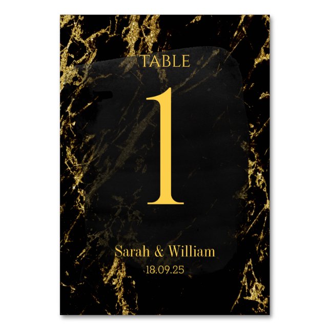Elegant Black & Gold Marble Wedding Table Number (Front)