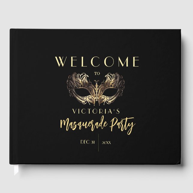 Elegant Black Gold Masquerade Party Birthday Guest Book (Front)