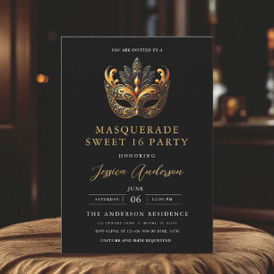 Elegant Black & Gold Masquerade Sweet Sixteen Invitation