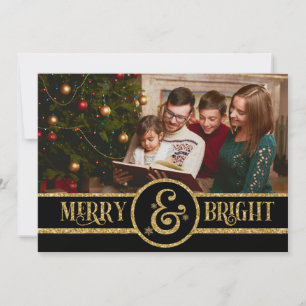 Elegant Black  Gold Merry & Bright Photo Christmas Holiday Card