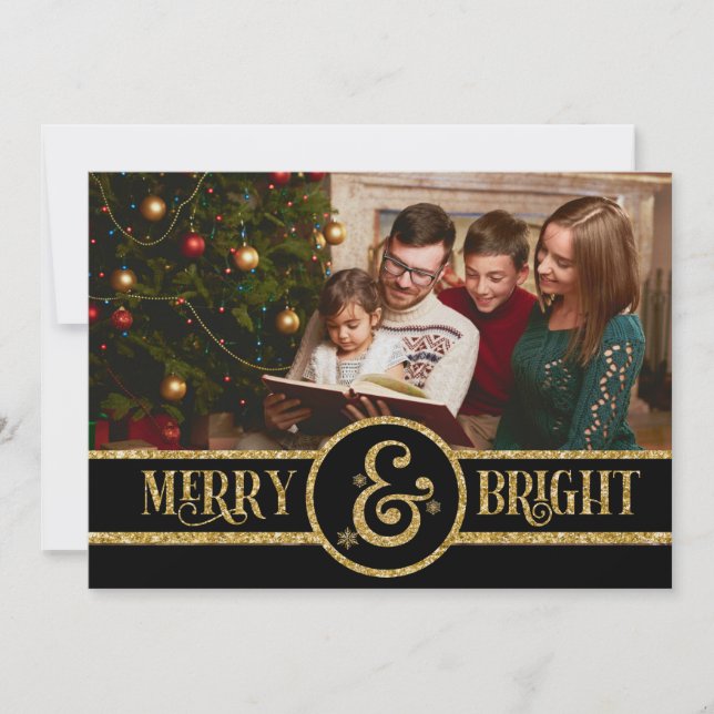 Elegant Black  Gold Merry & Bright Photo Christmas Holiday Card (Front)