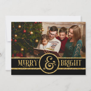 Elegant Black  Gold Merry & Bright Photo Christmas Holiday Card