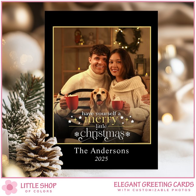 Elegant Black Gold Merry Little Christmas Photo Holiday Card (Creator Uploaded)