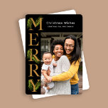 Elegant Black Gold Merry Pine Photo Christmas  Holiday Card<br><div class="desc">Elegant black and gold Christmas greeting card features merry side text decorated with beautiful watercolor greenery pine branches. Personalise this holiday greeting with your own photo and name.</div>