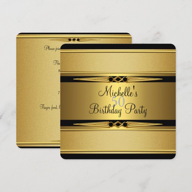 Elegant Black Gold Metal Look 50th Birthday Party Invitation (Front/Back)