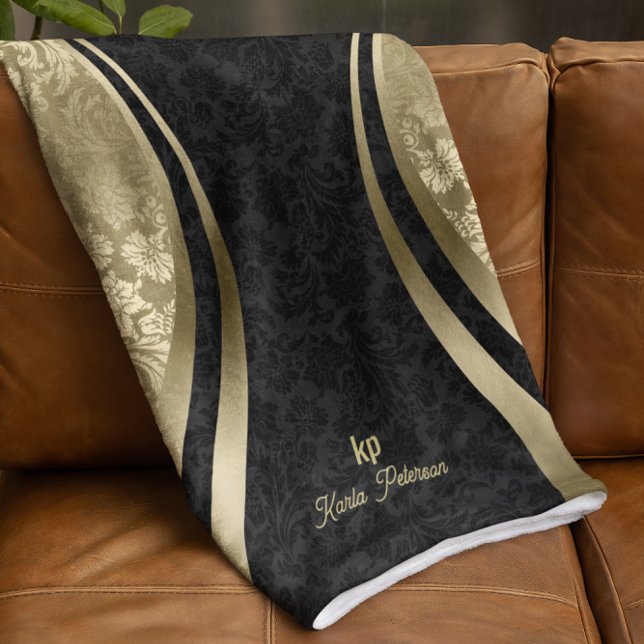 Elegant Black & Gold Metallic Floral Damasks Fleece Blanket (Creator Uploaded)