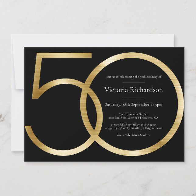 Elegant Black Gold Minimalist 50th Birthday Invitation (Front)