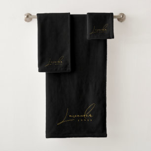 Elegant Black & Gold Minimalist Monogram Name Bath Towel Set