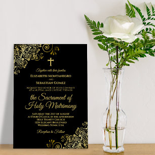 Elegant Black & Gold Modern Catholic Wedding Invitation