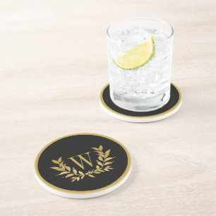Elegant Black Gold Modern Monogram Chic Coaster