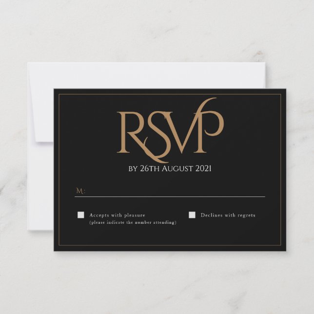 Elegant Black Gold Modern Script Monogram Wedding RSVP Card (Front)