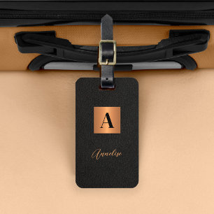 Elegant black gold monogram and name script  luggage tag
