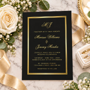 Elegant Black Gold Monogram Caligraphy Wedding Invitation