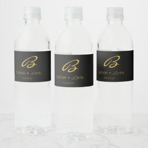 Elegant Black & Gold Monogram Calligraphy Name  Water Bottle Label