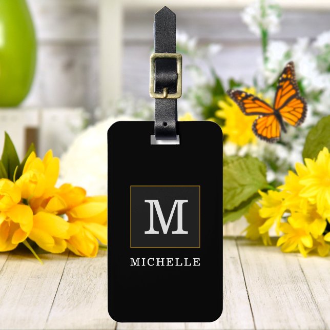 Elegant Black Gold Monogram Chic Personalised Luggage Tag (Creator Uploaded)