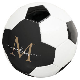 Elegant Black Gold Monogram Cute Girly Script Soccer Ball