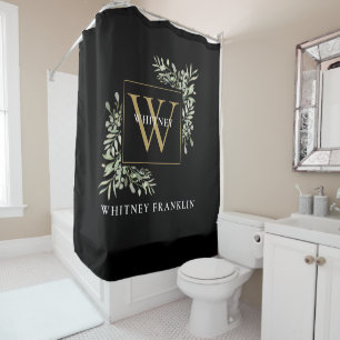 Elegant Black Gold Monogram Eucalyptus Greenery Shower Curtain