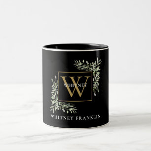 Elegant Black Gold Monogram Eucalyptus Greenery Two-Tone Coffee Mug
