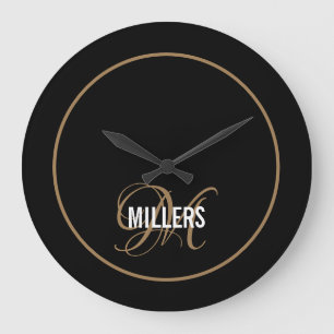 Elegant black gold monogram family name large clock