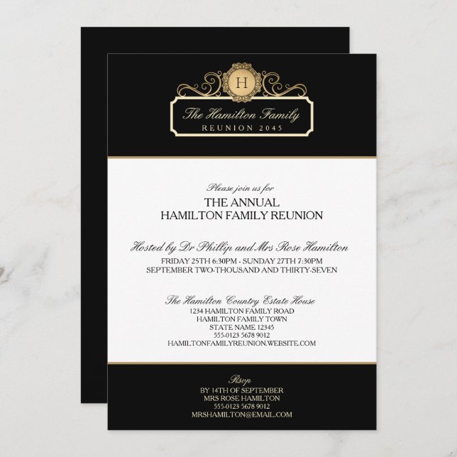 Elegant Black Gold Monogram Family Reunion Invitation (Front/Back)