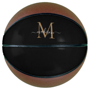 Elegant Black Gold Monogram Feminine Girly Script Basketball