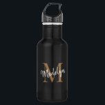 Elegant Black Gold Monogram Feminine Script Name 532 Ml Water Bottle<br><div class="desc">Elegant Black Gold Monogram Feminine Script Name Stainless Steel Water Bottle. Easily personalise this modern elegant stainless steel water bottle with your custom monogram and name.</div>