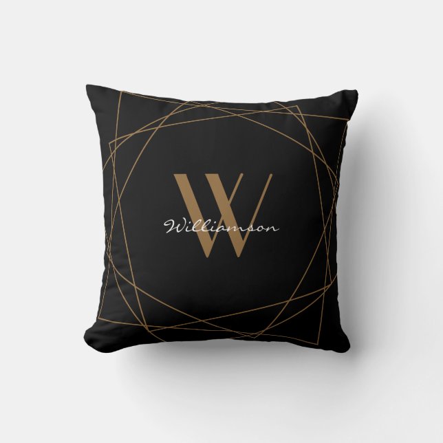Elegant Black Gold Monogram Geometric Name Script Cushion (Front)