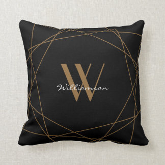Elegant Black Gold Monogram Geometric Name Script Cushion