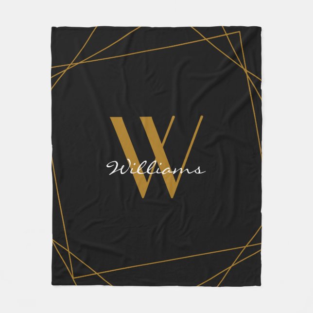 Elegant Black Gold Monogram Geometric Name Script Fleece Blanket (Front)
