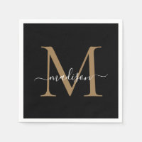 Elegant Black Gold Monogram Girly Script Birthday