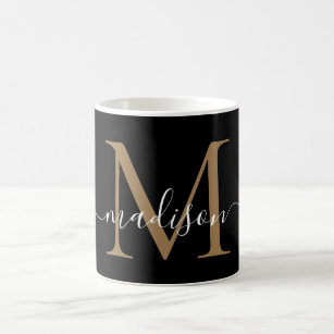 Elegant Black Gold Monogram Girly Script Stylish Coffee Mug