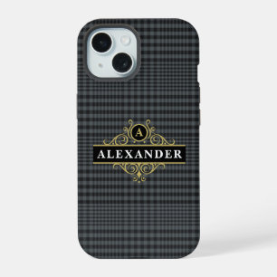 Elegant Black Gold Monogram Glen Plaid iPhone 15 Case