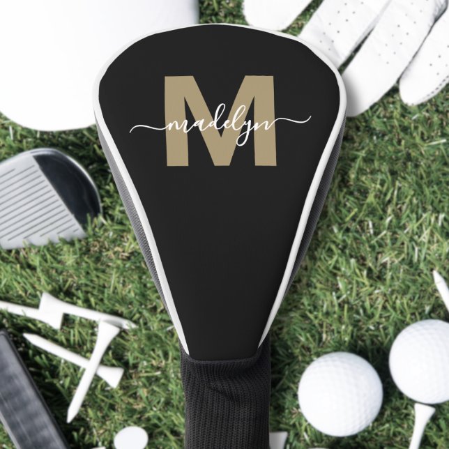 Elegant Black Gold Monogram Golf Head Cover (Personalized Gold Initial Name Monogram Golf Head Cover)