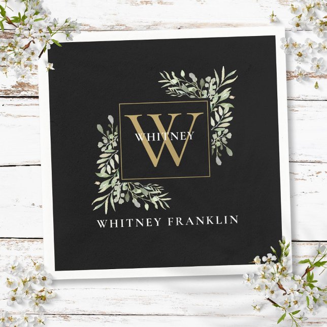 Elegant Black Gold Monogram Greenery Eucalyptus Napkin (Elegant Black Gold Monogram Greenery Eucalyptus Napkins)