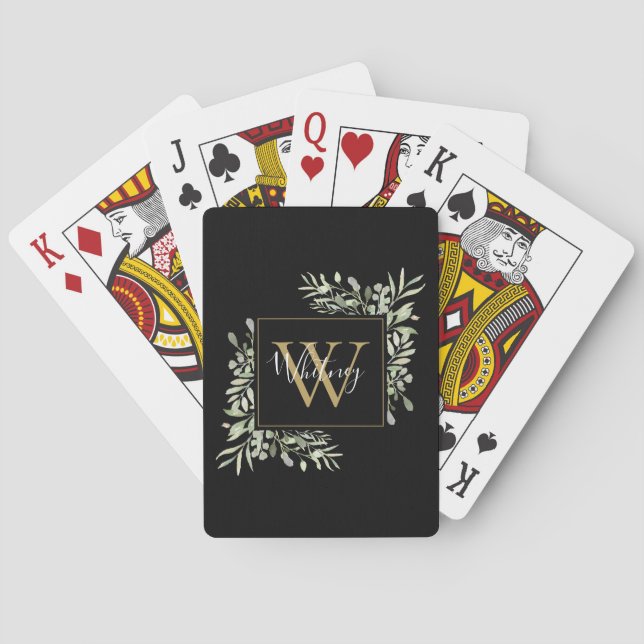 Elegant Black Gold Monogram Greenery Floral Playing Cards (Back)