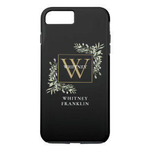 Elegant Black Gold Monogram Greenery Personalised Case-Mate iPhone Case