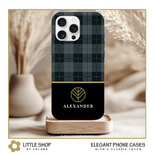 Elegant Black Gold Monogram Grey Plaid Tartan iPhone 15 Case