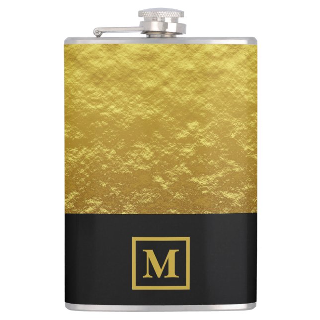 Elegant Black & Gold Monogram Hip Flask (Front)