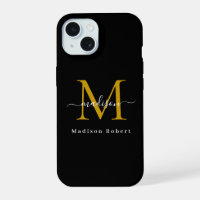Elegant Black Gold Monogram Initial Funny Script