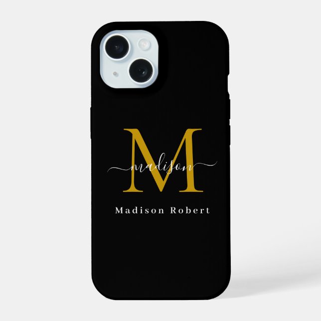 Elegant Black Gold Monogram Initial Funny Script iPhone 15 Case (Back)