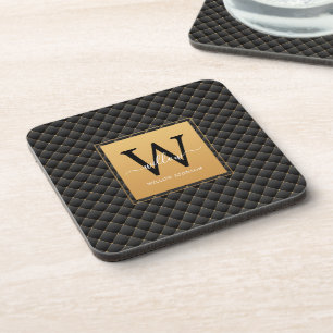 Elegant Black Gold Monogram Initial Script Modern Coaster