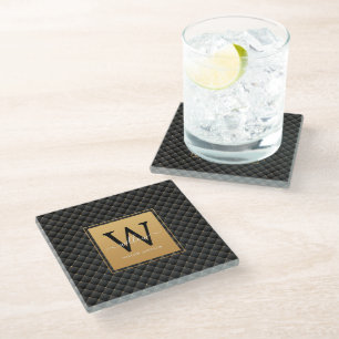 Elegant Black Gold Monogram Initial Script Modern Glass Coaster