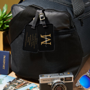 Elegant Black Gold Monogram Initial Script Name Luggage Tag
