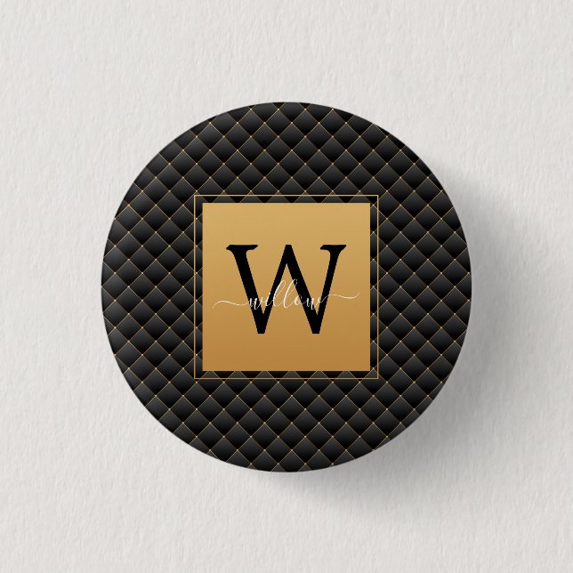 Elegant Black Gold Monogram Initial Script Stylish 3 Cm Round Badge (Front)