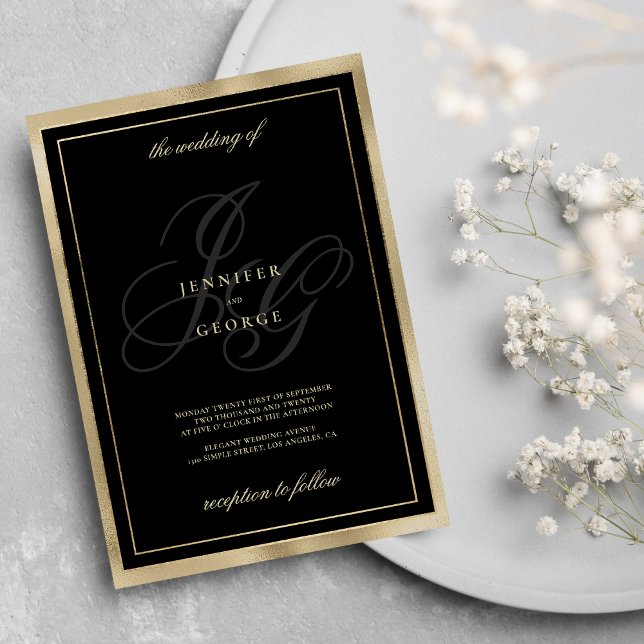 Elegant black gold monogram initials glam wedding invitation (Elegant black gold monogram initials glam wedding )