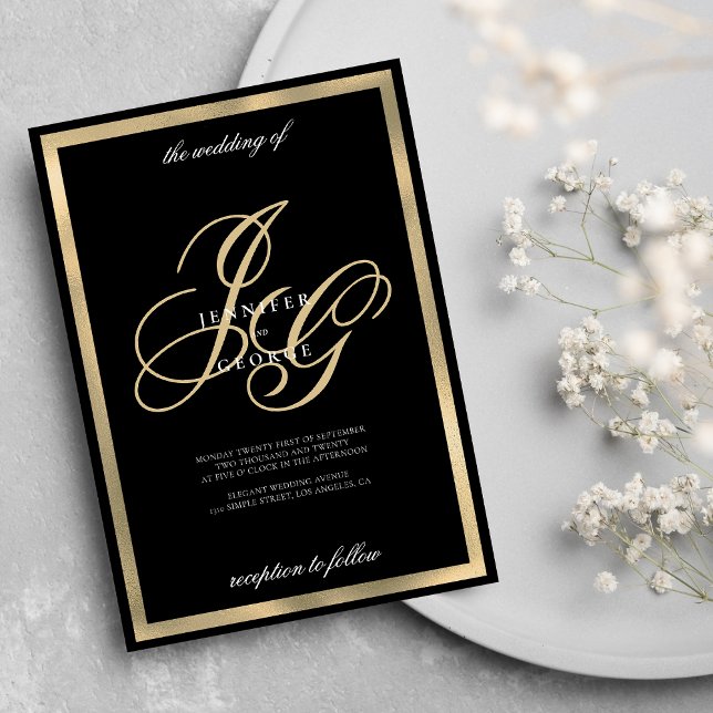 Elegant black gold monogram initials wedding invitation (Elegant black gold monogram initials wedding)