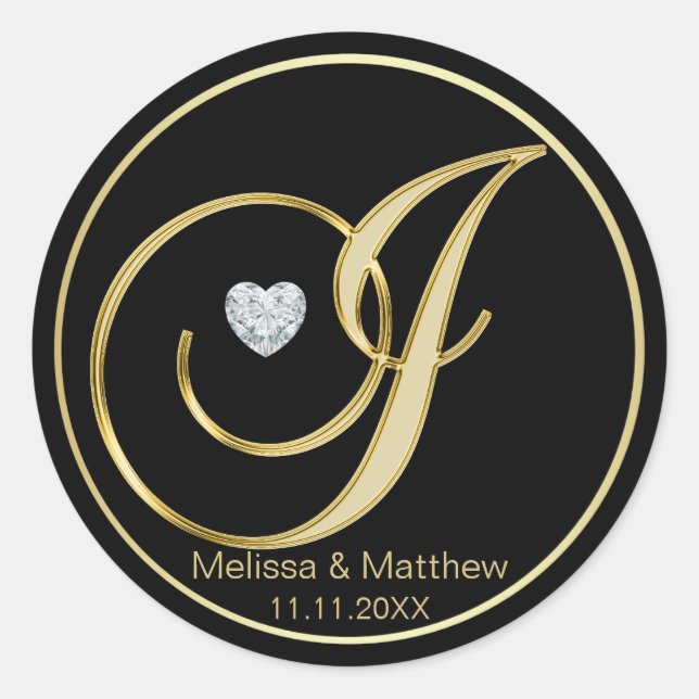 Elegant Black Gold Monogram Letter J Heart Diamond Classic Round Sticker (Front)